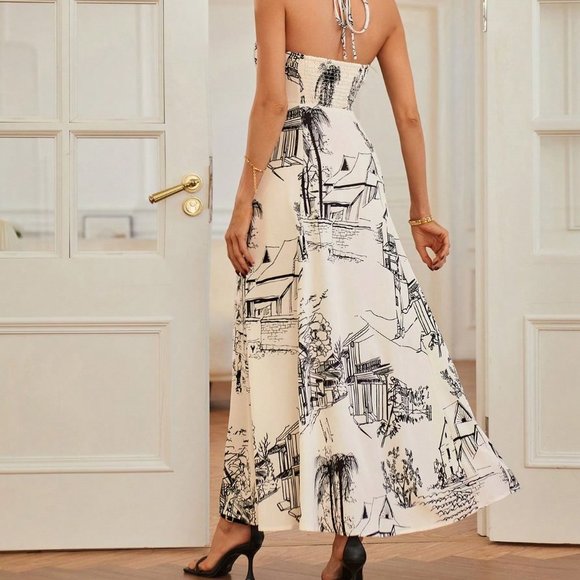 Apricot Preppy Womens Landscape Print Tie Backless Halter Dress - Picture 2 of 4